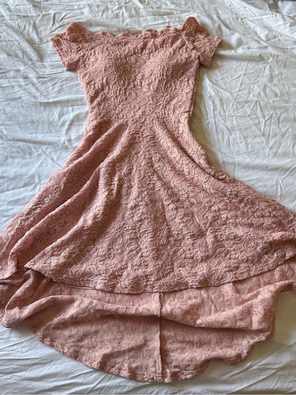 Jodi Kristopher Dusty Rose Lace Off-Shoulder High-Low Dress